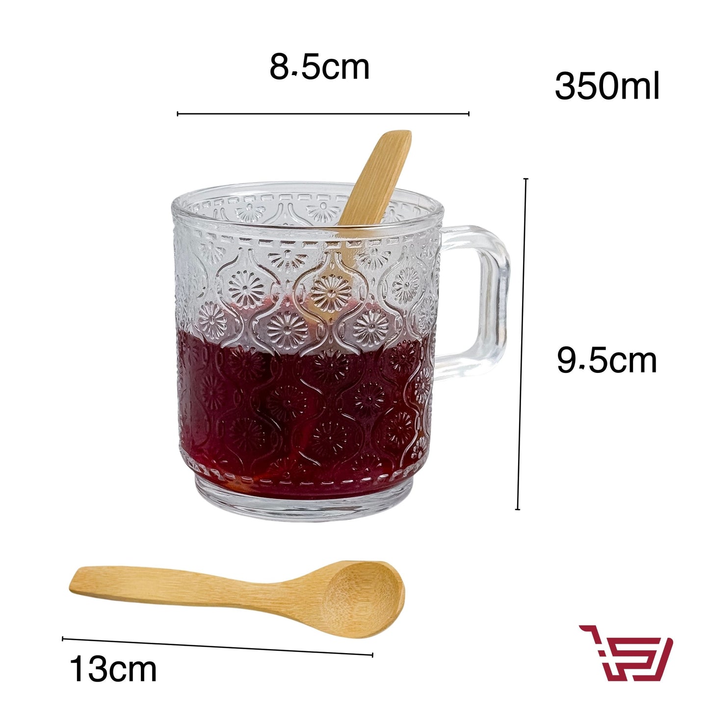 كوب زجاجي بزخرفة مع غطاء وملعقة خشبية