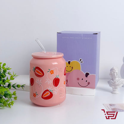 كوب سيراميك الفراولة مع غطاء وقصبة زجاج