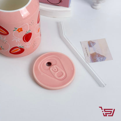 كوب سيراميك الفراولة مع غطاء وقصبة زجاج