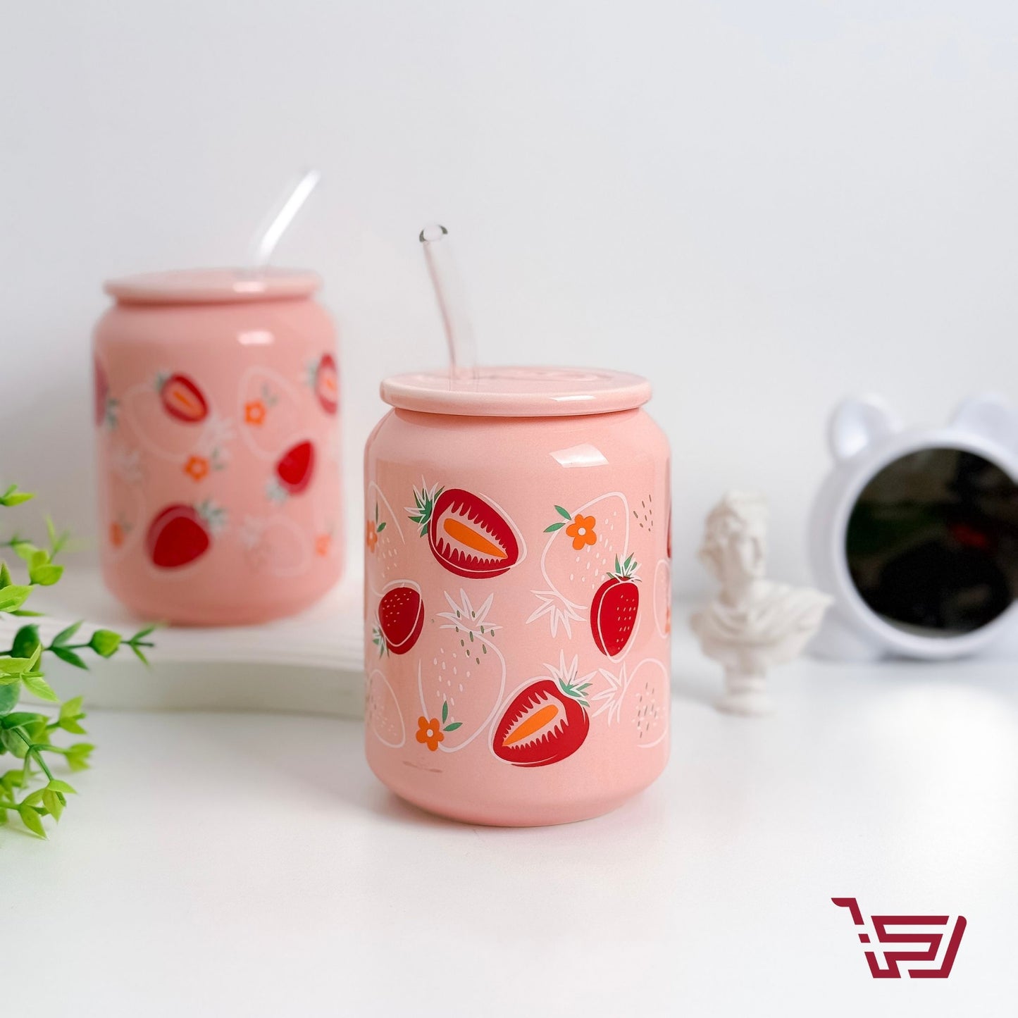 كوب سيراميك الفراولة مع غطاء وقصبة زجاج