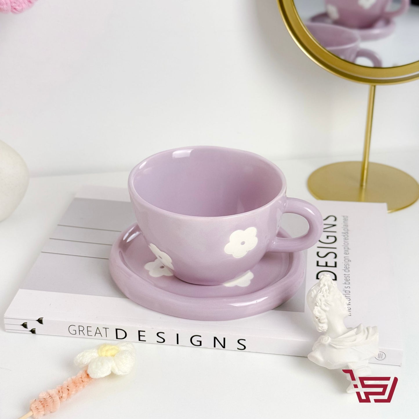 كوب مع صحن سيراميك بنفسجي