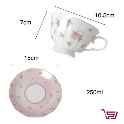 كوب سيراميك مع صحن بطبعات الورود