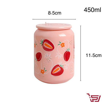 كوب سيراميك الفراولة مع غطاء وقصبة زجاج