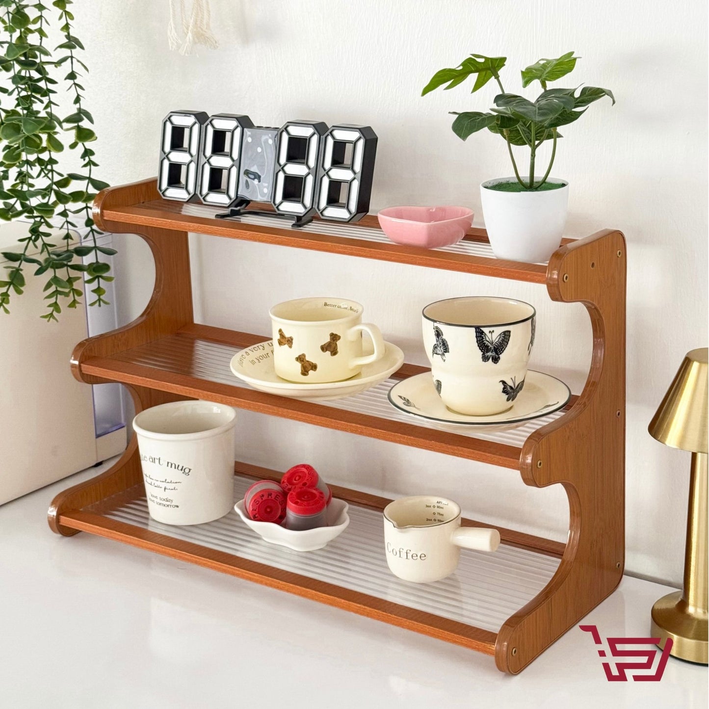 رف اكواب من خشب البامبو والاكريلك