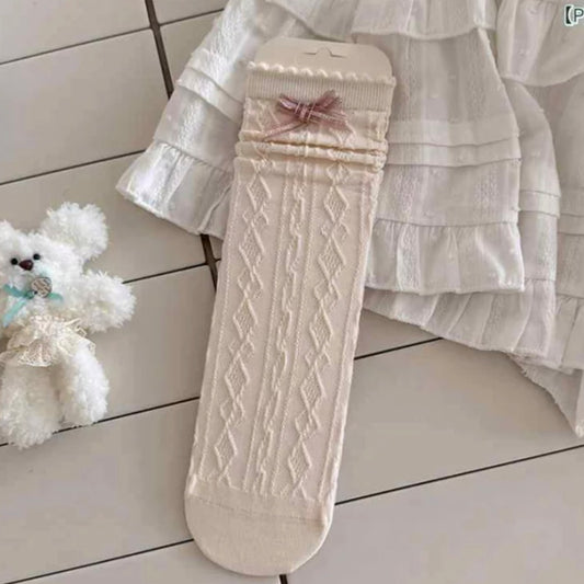 جواريب تصميم كلاسيكي صوف بنقشة ظفائر عمودية و فيونكة